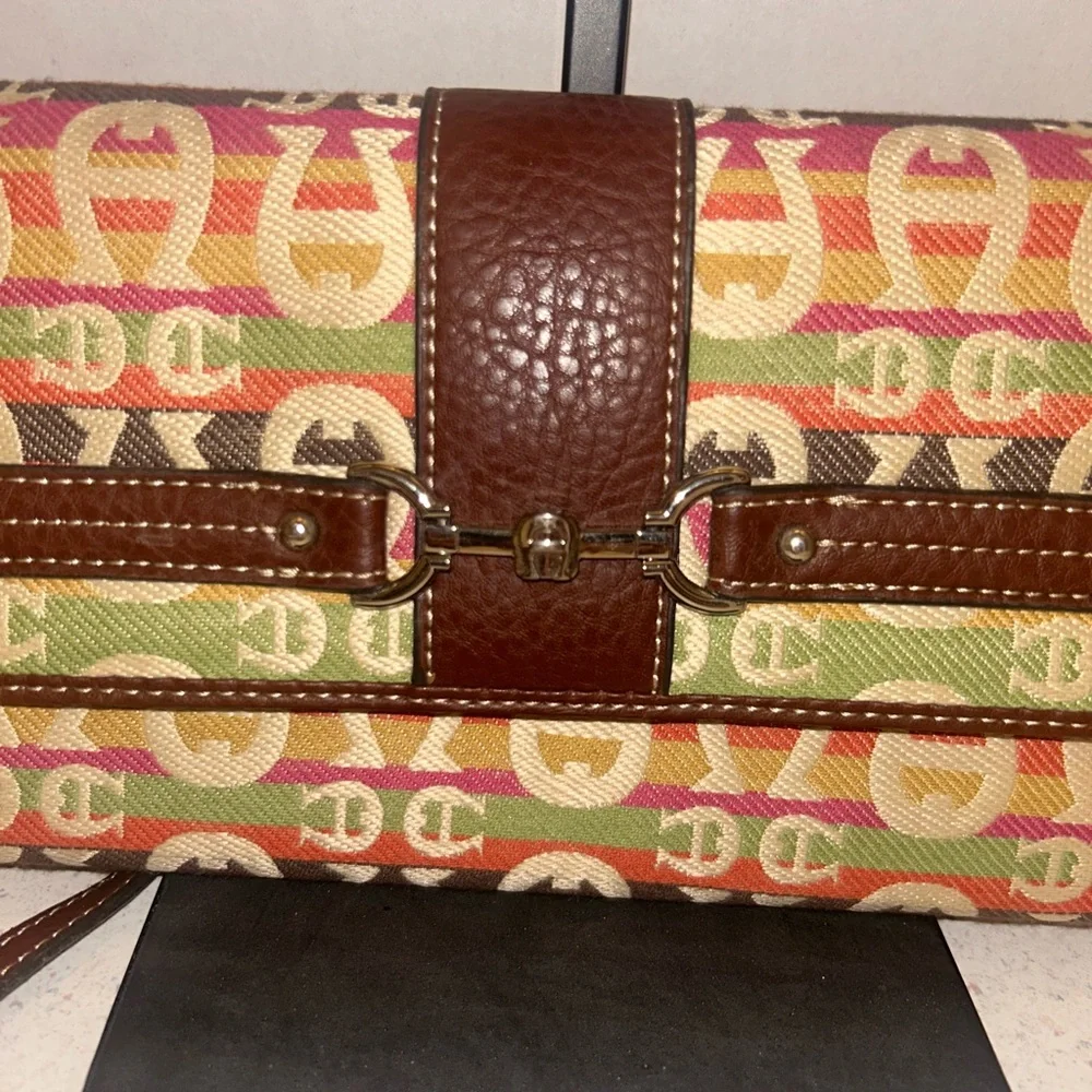 Etienne Aigner Multicolor Logo Canvas Wristlet with Brown Leather Trim - Picture 3 of 12